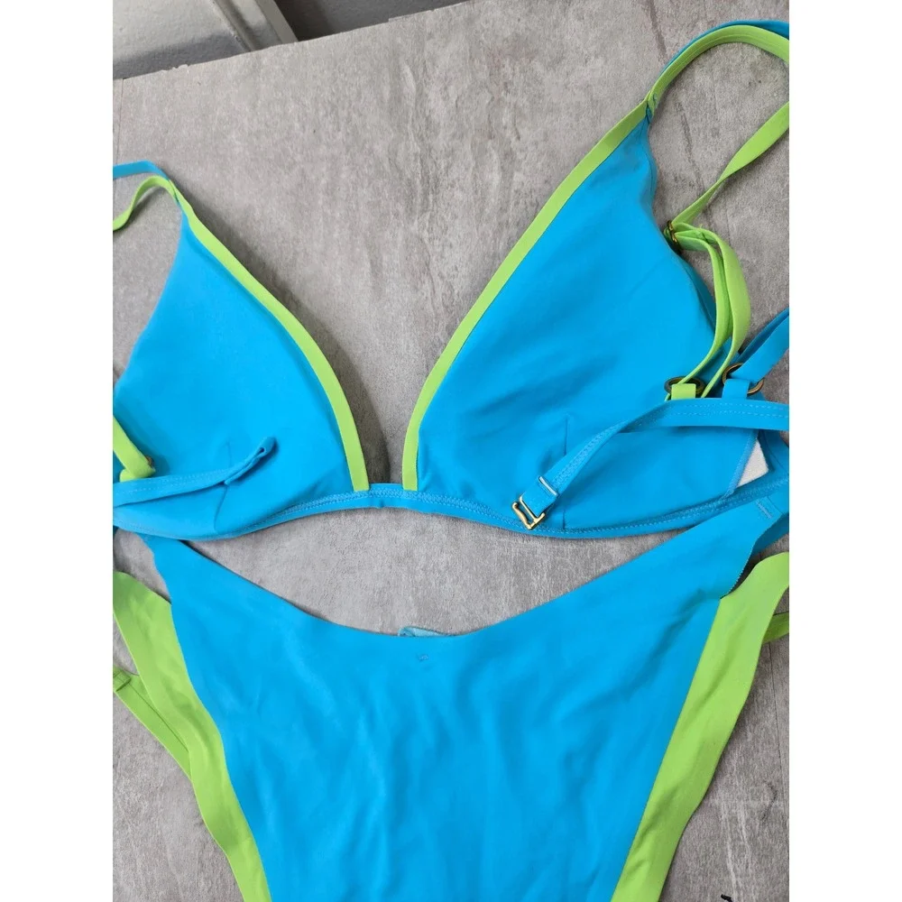 NEW LSpace Finneas Bikini Set M Blue Green Colorblock Beach Pool Cheeky Swimwear